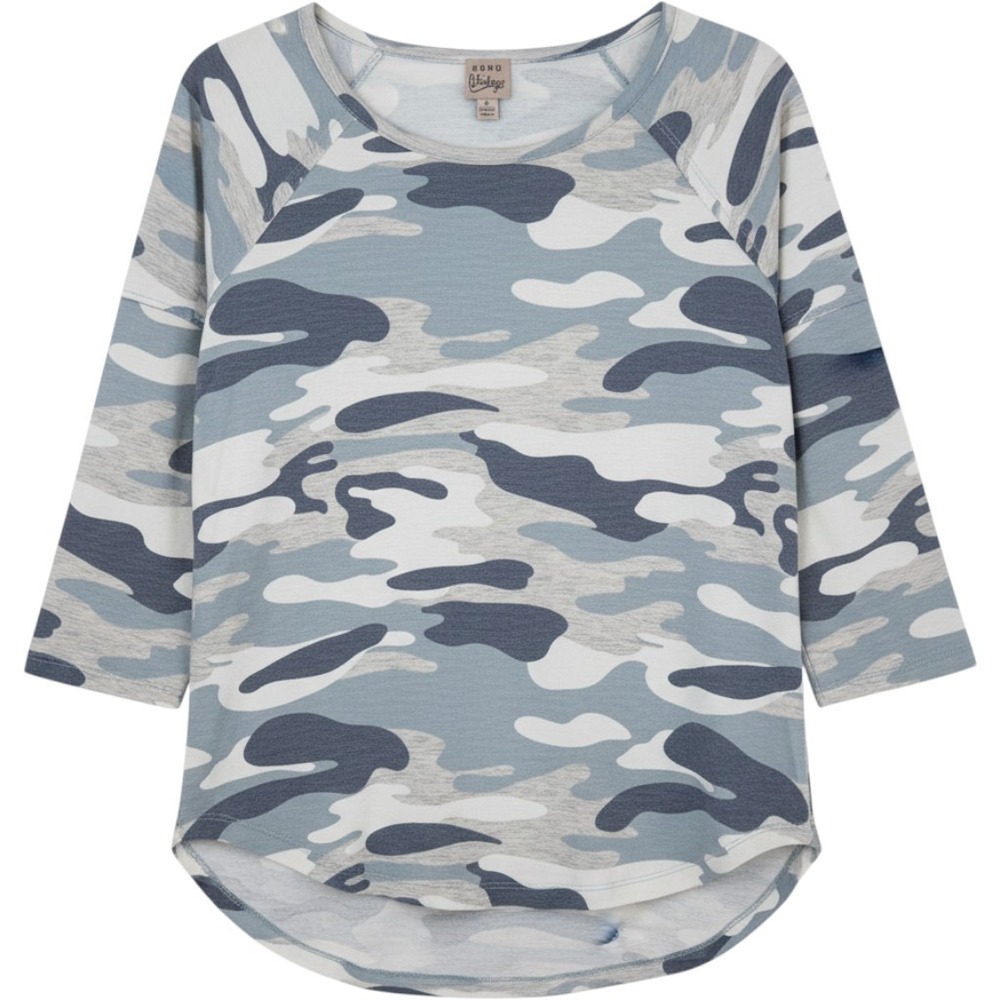 Como Vintage Camo Raglan Top Womens Medium Blue Grey Excellent 3/4 Sleeve Pullov